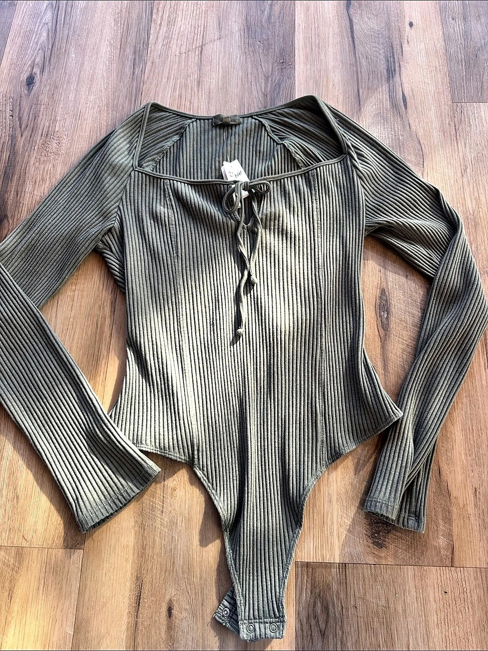 Aerie Ribbed Tie-Front Long Sleeve Bodysuit Green Medium